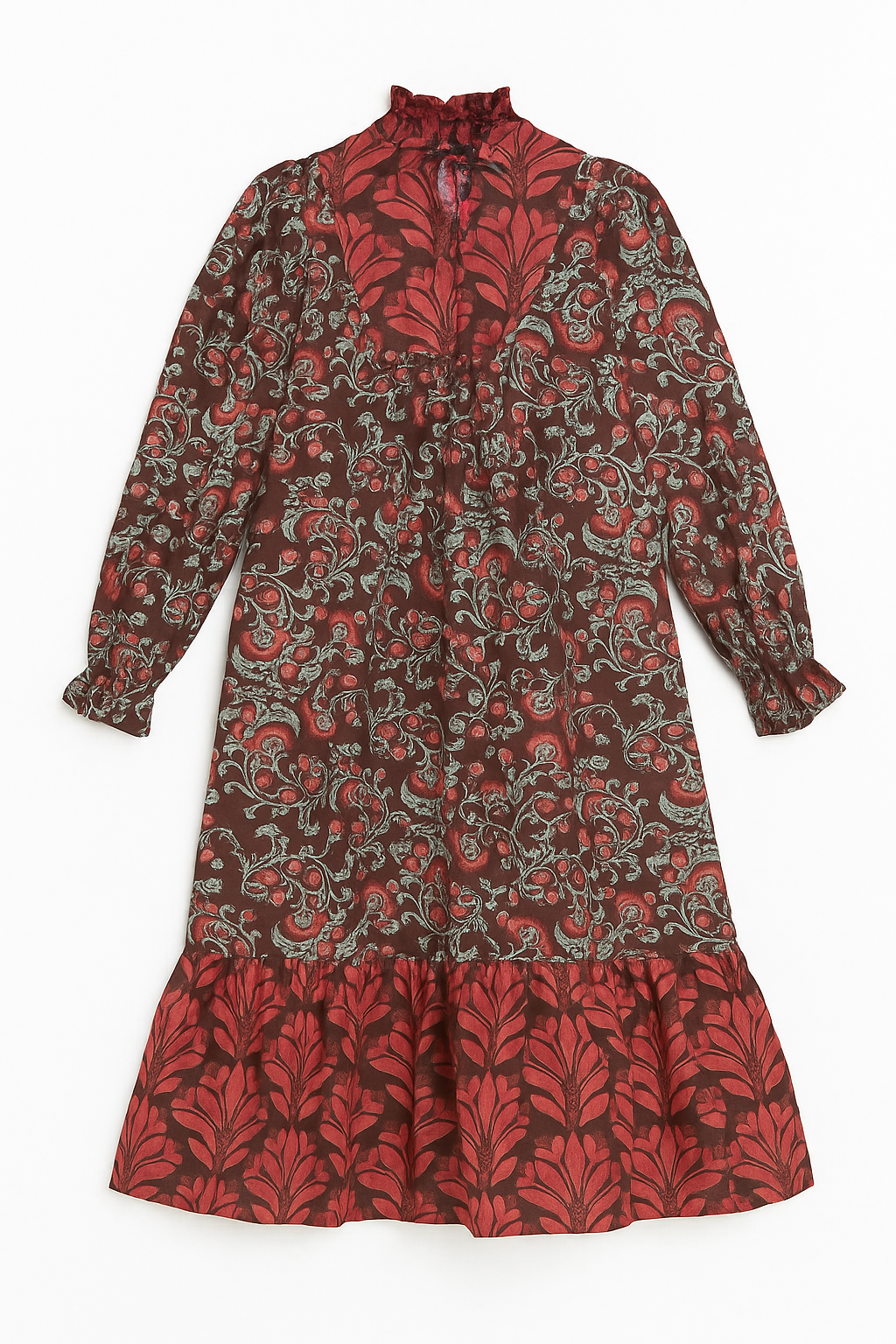 Red and black patterned dress on a white background