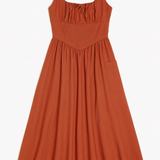 Rust Linen-Blend Corset Waist Midi Dress