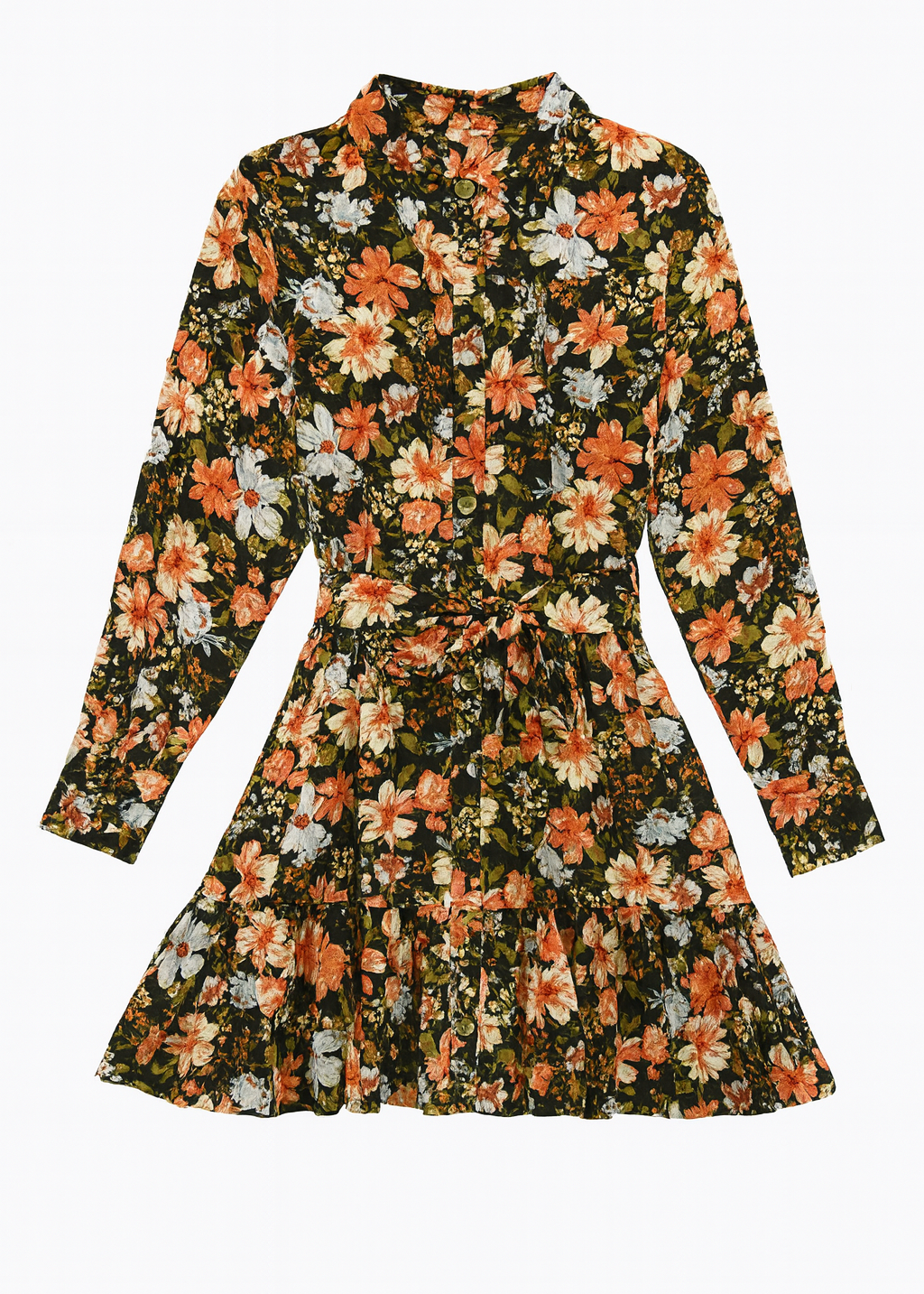 Floral dress with long sleeves on a white background