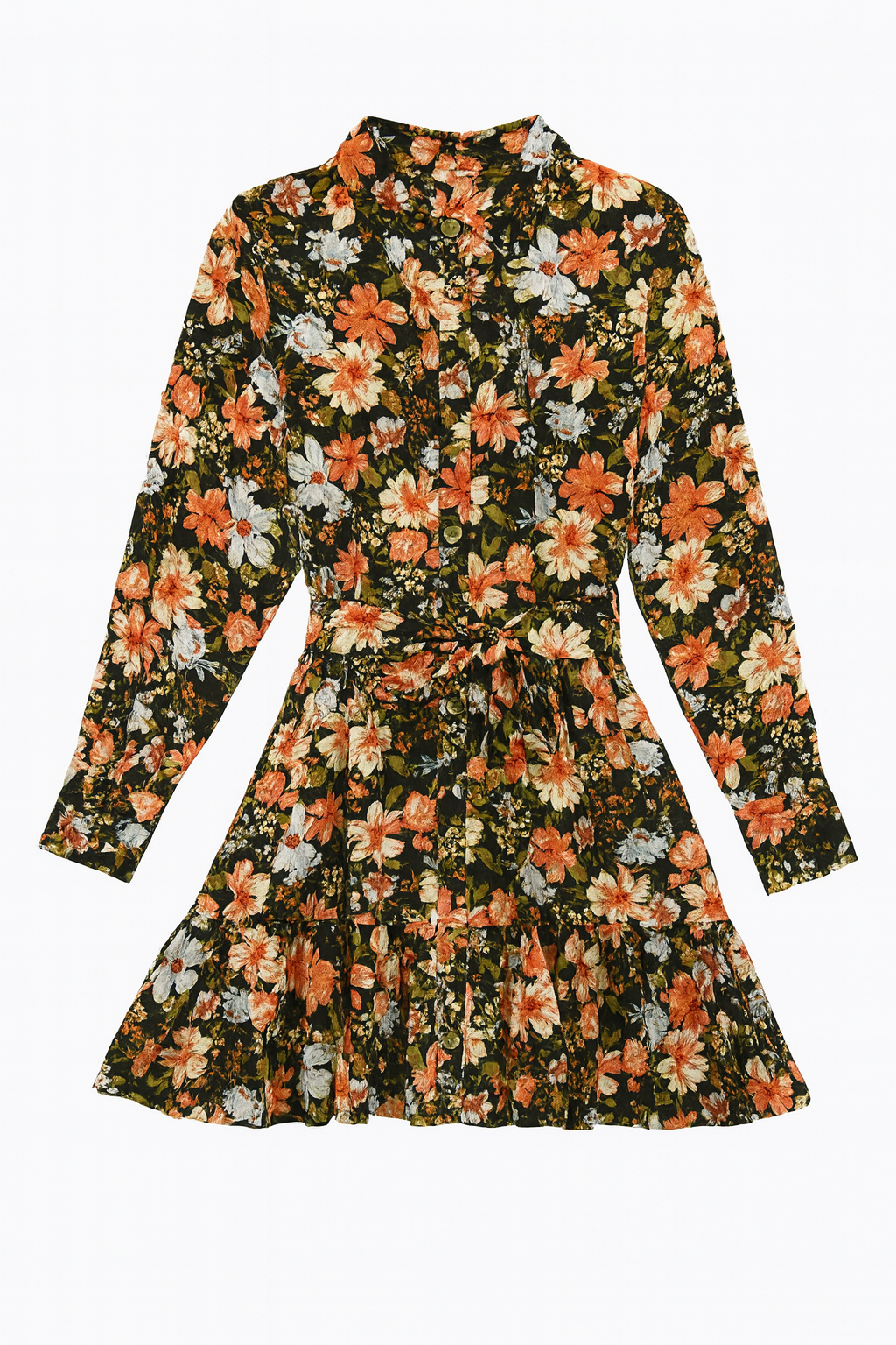 Floral dress with long sleeves on a white background