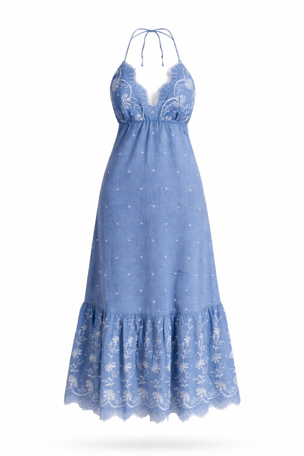 Z&L Europe Serena Maxi Dress in blue embroidered cotton, flat product view