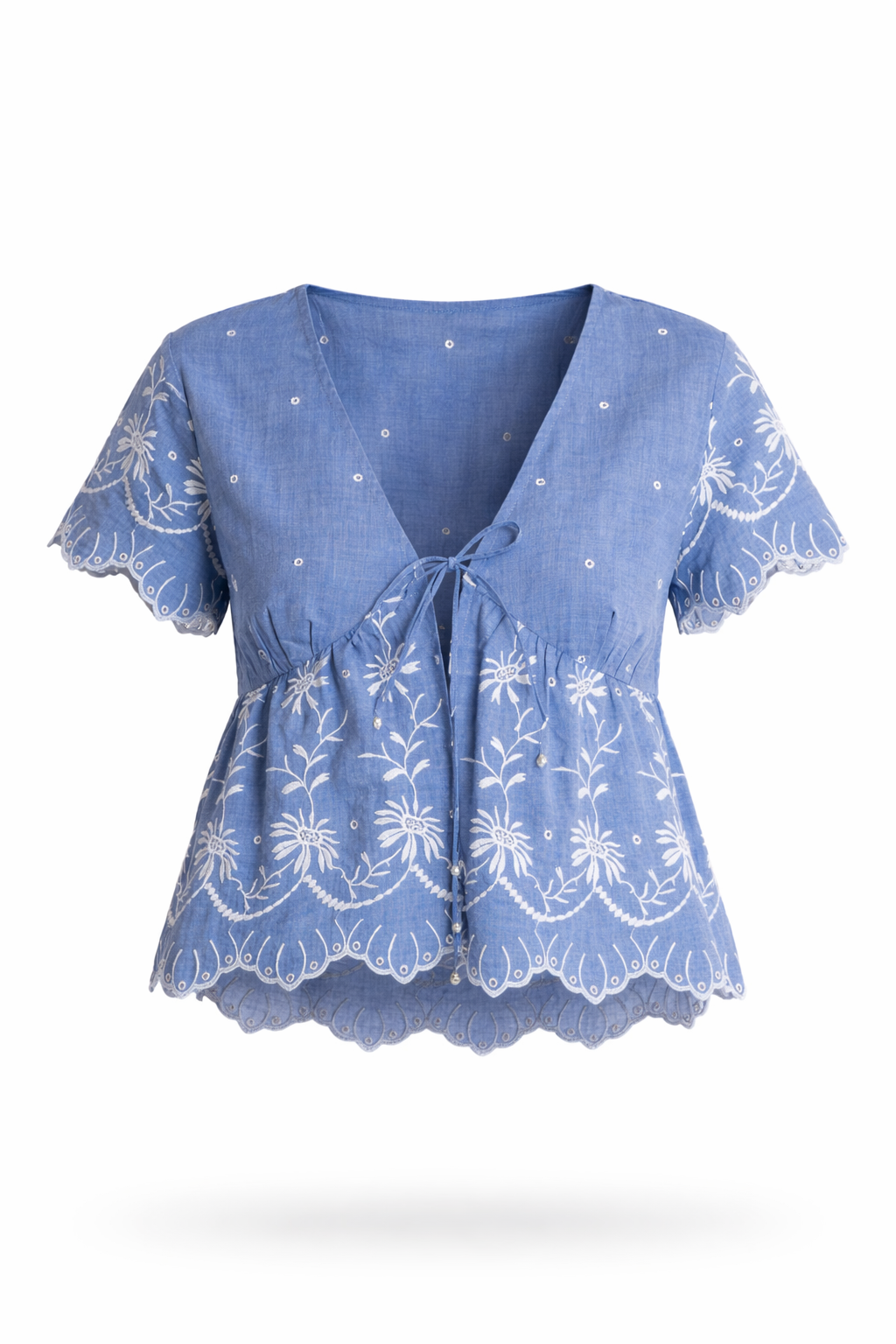 Z&L Europe Serena Top in blue embroidered cotton, flat product view