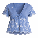 Z&L Europe Serena Top in blue embroidered cotton, flat product view