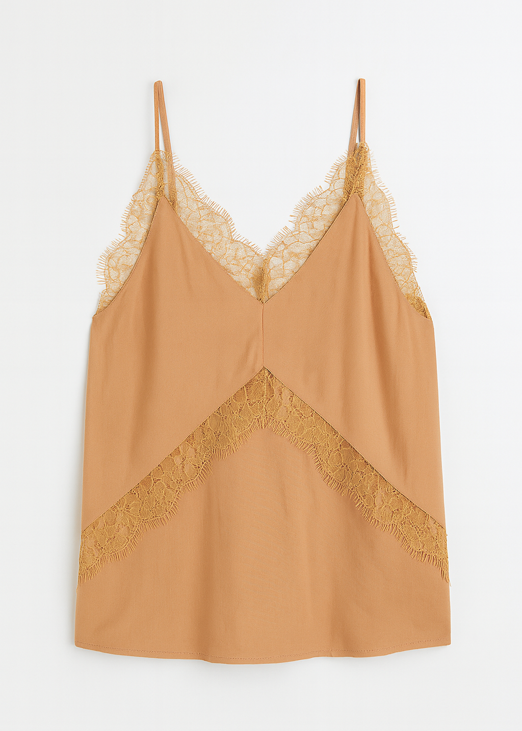 Brown lace-trimmed camisole on a white background
