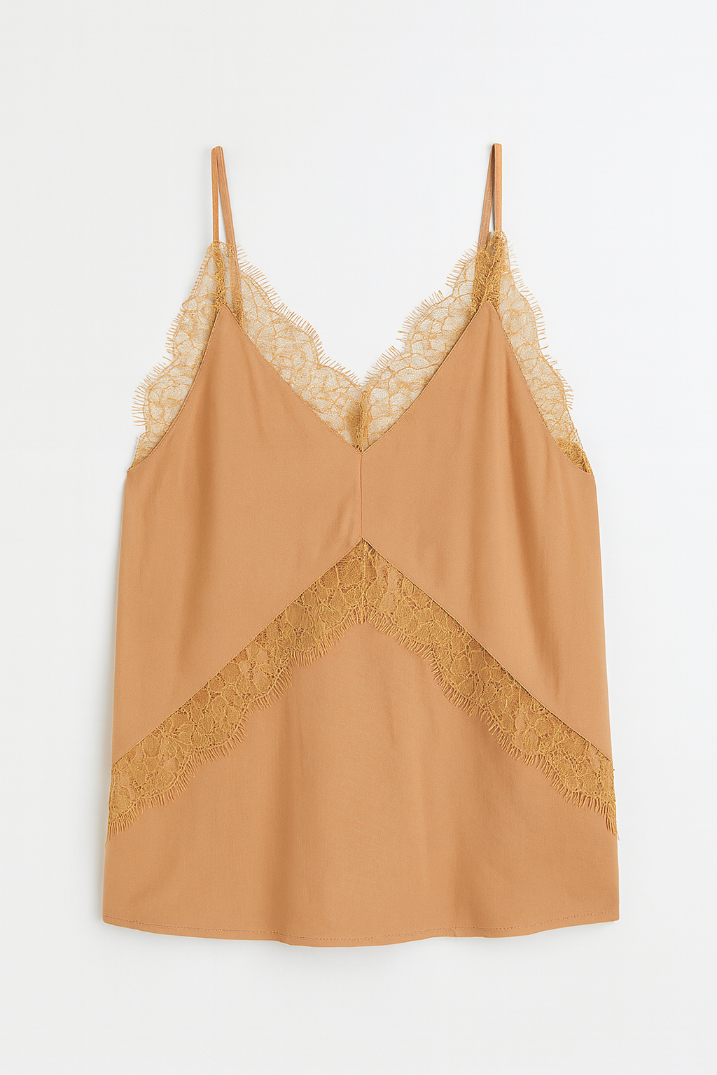 Brown lace-trimmed camisole on a white background