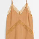 Brown lace-trimmed camisole on a white background
