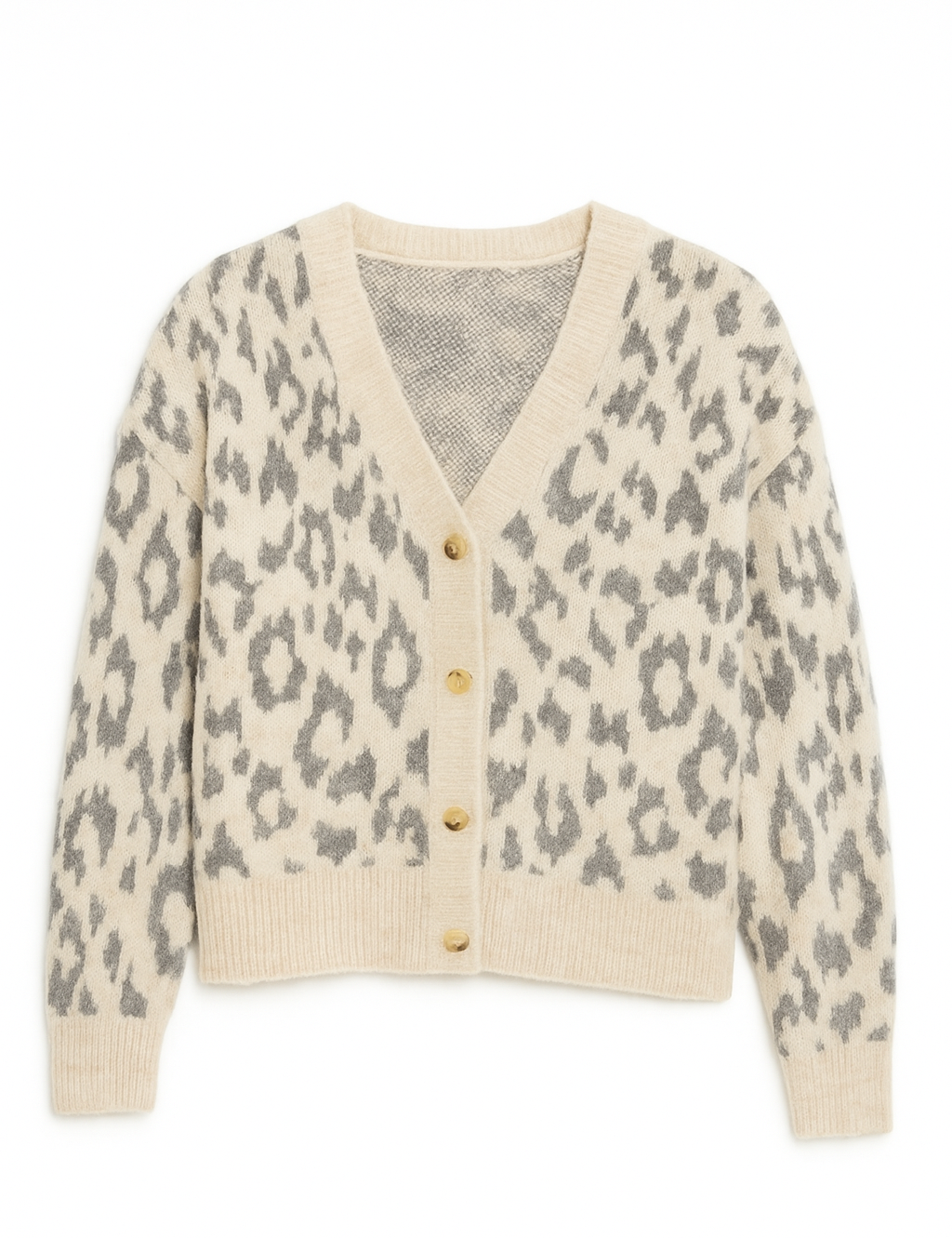 Leopard print cardigan with beige buttons on a white background