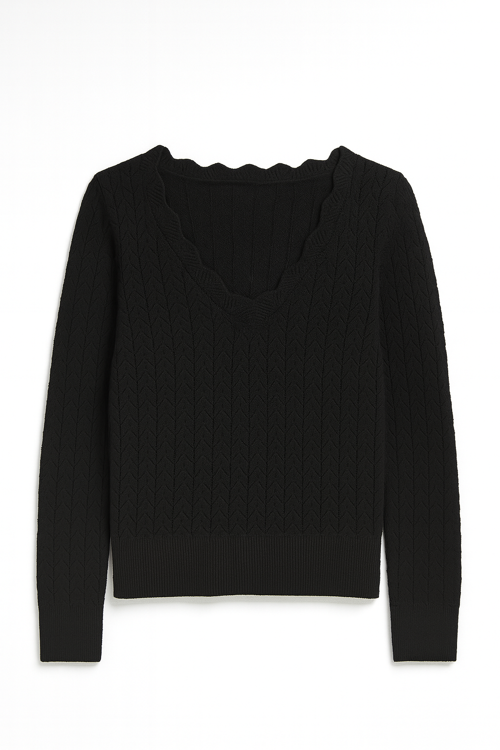 Black sweater with scalloped neckline on a white background
