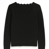 Black sweater with scalloped neckline on a white background