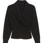 Black long-sleeve top with draped front on a white background