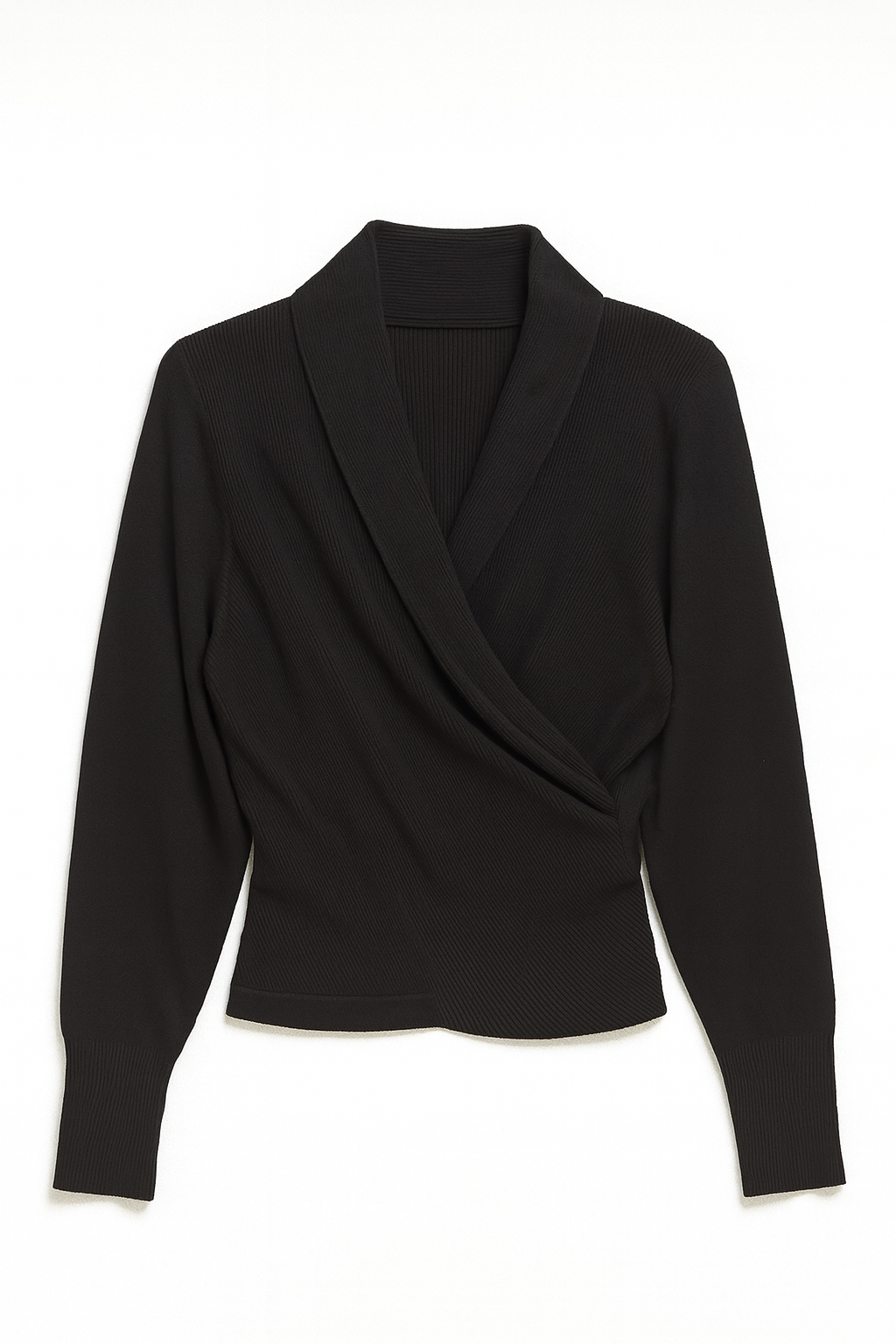 Black long-sleeve top with draped front on a white background