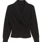Black long-sleeve top with draped front on a white background