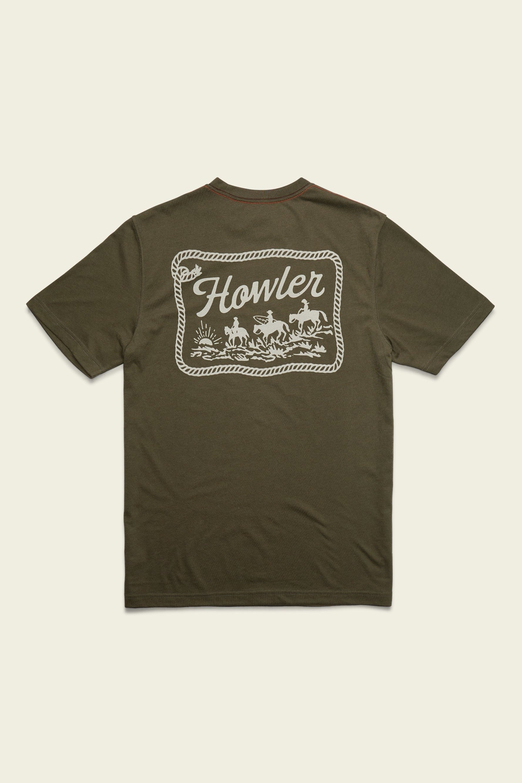 Howler Bros Howler Posse T-Shirt in Dark Olive, back graphic