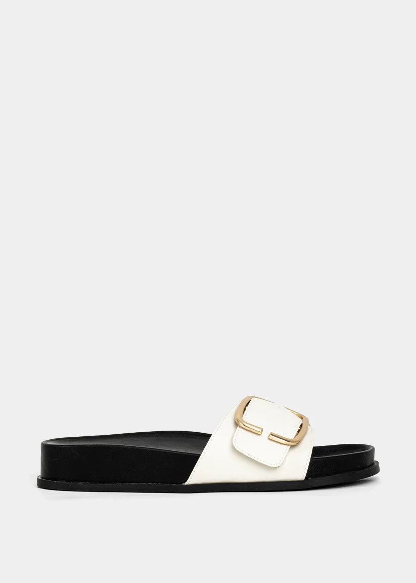 Delphine Strappy Flat Sandal in Black and White
