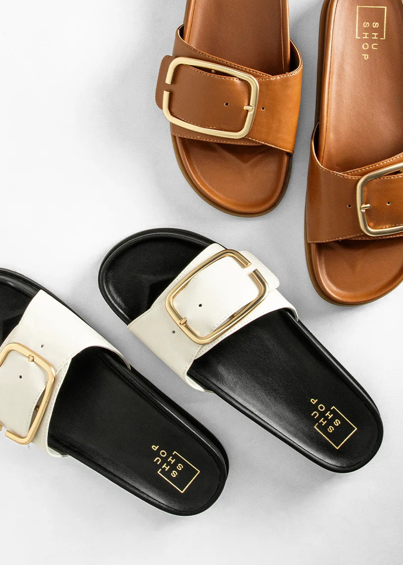 Delphine Strappy Flat Sandal in Black and White
