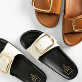 Delphine Strappy Flat Sandal in Black and White