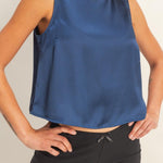 Satin Sleeveless Round Neck Top With Back Keyhole in Navy
