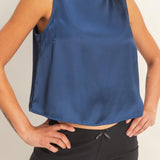 Satin Sleeveless Round Neck Top With Back Keyhole in Navy