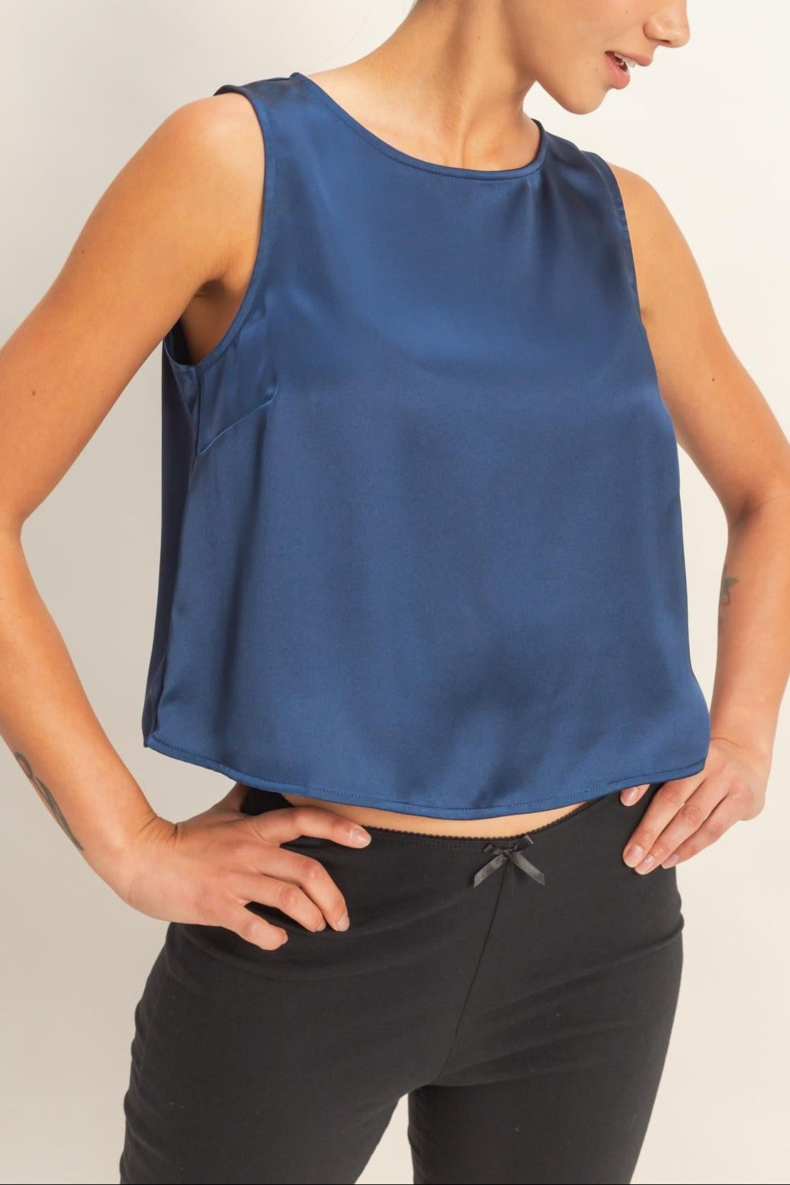 Satin Sleeveless Round Neck Top With Back Keyhole in Navy