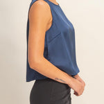 Satin Sleeveless Round Neck Top With Back Keyhole in Navy