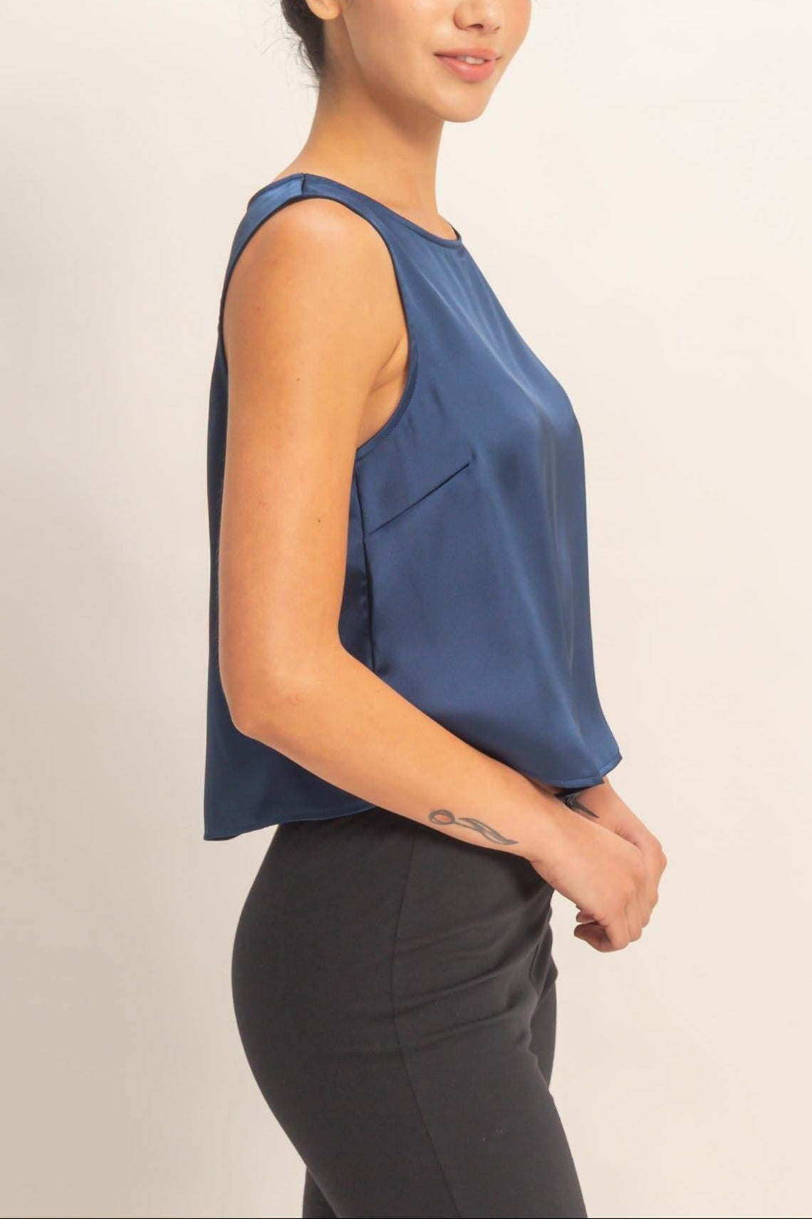 Satin Sleeveless Round Neck Top With Back Keyhole in Navy