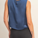 Satin Sleeveless Round Neck Top With Back Keyhole in Navy