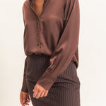 Satin Button-Down Shirt in Dark Brown