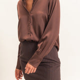 Satin Button-Down Shirt in Dark Brown