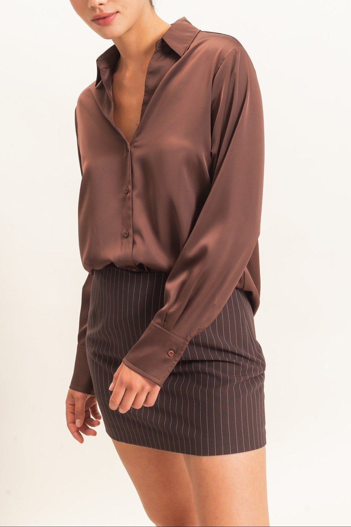 Satin Button-Down Shirt in Dark Brown