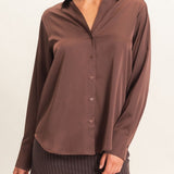 Satin Button-Down Shirt in Dark Brown