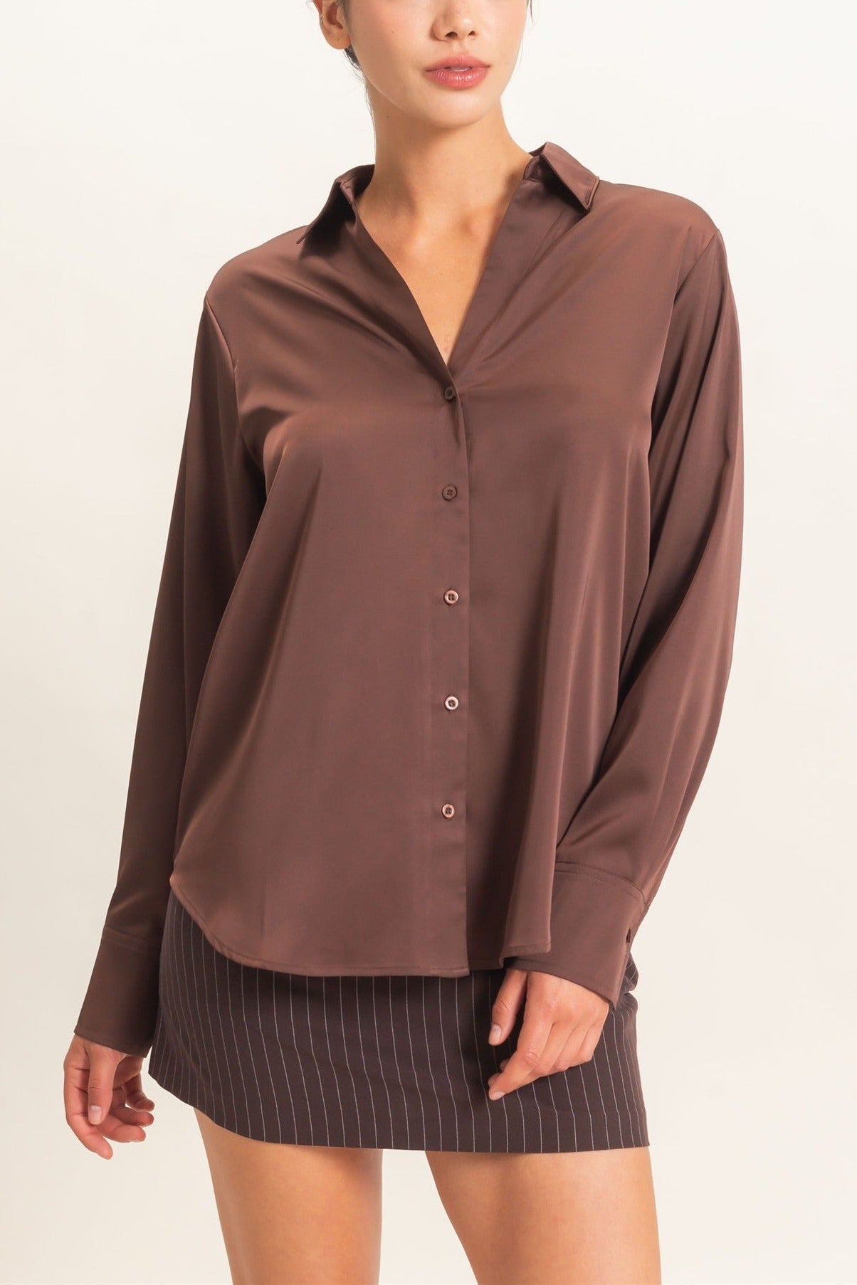 Satin Button-Down Shirt in Dark Brown
