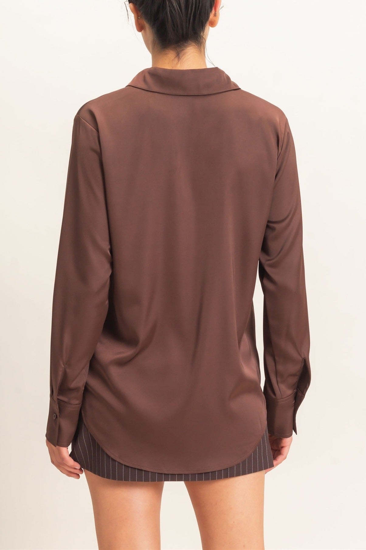 Satin Button-Down Shirt in Dark Brown