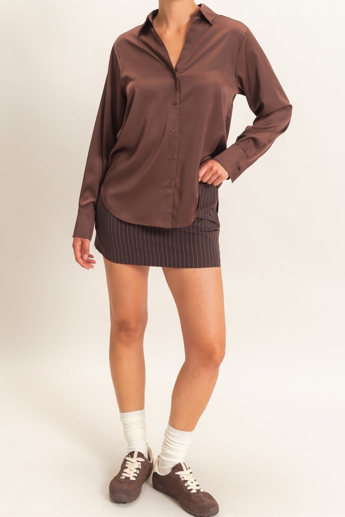 Satin Button-Down Shirt in Dark Brown