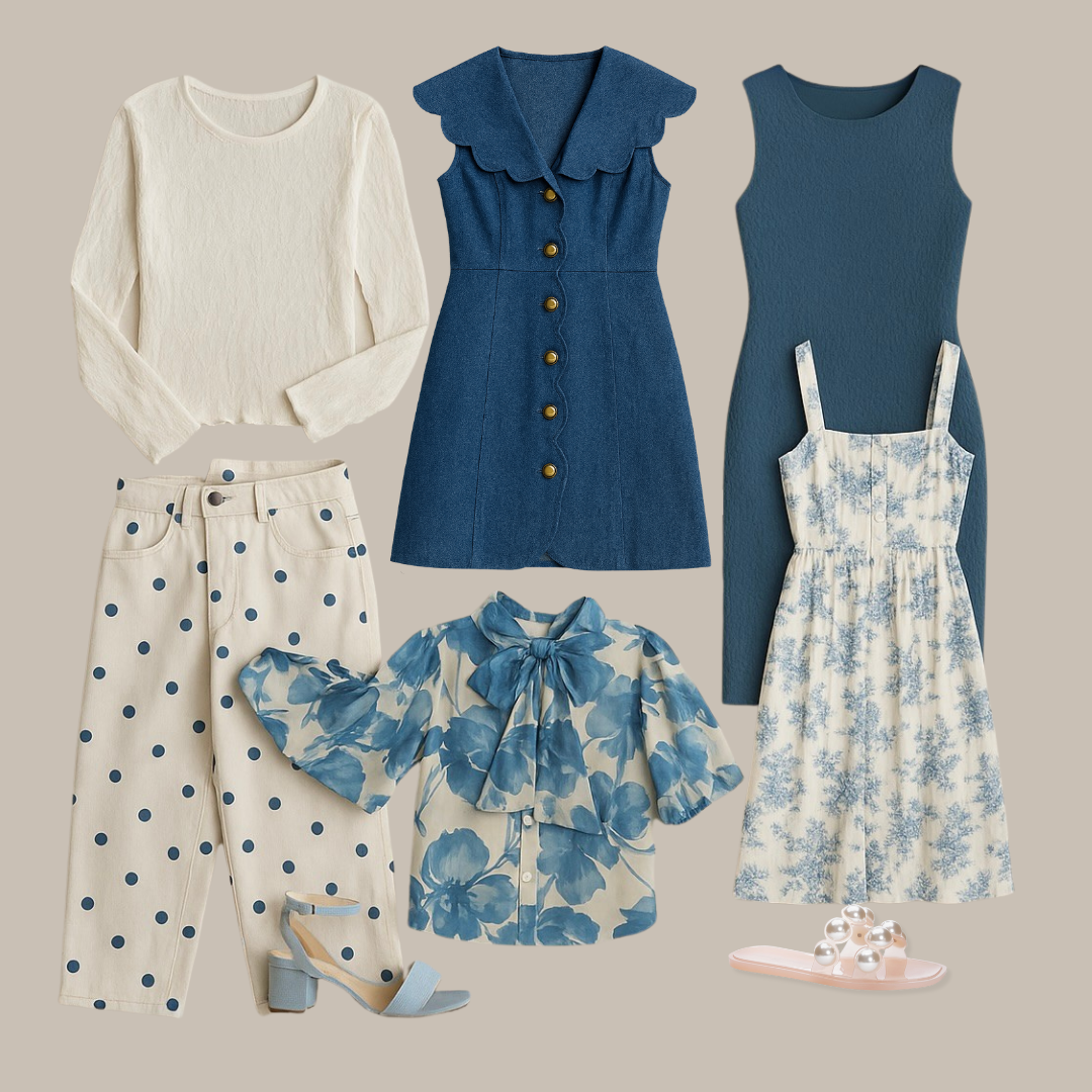 Collection of blue and white clothing items on a neutral background