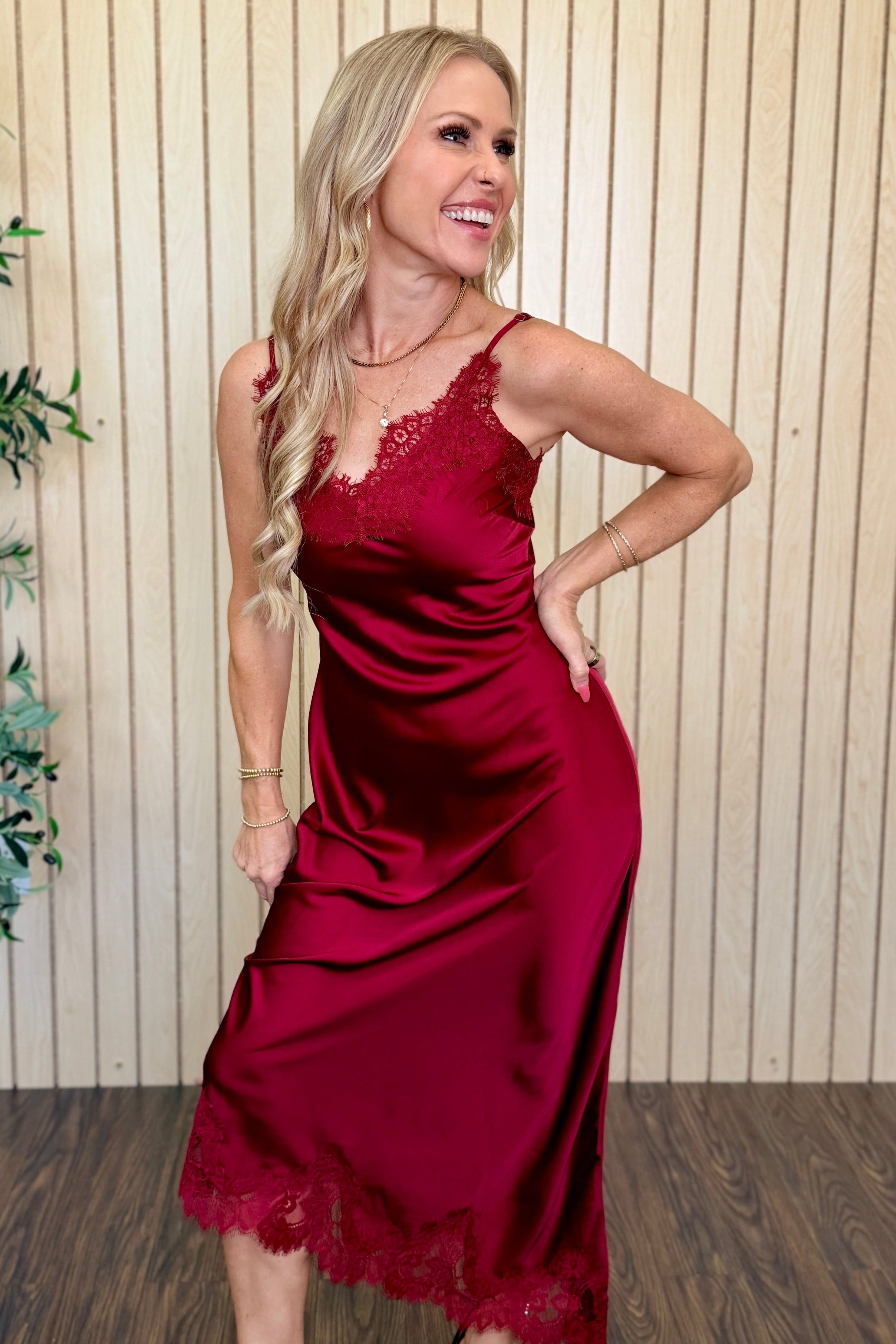 Marlowe Satin Lace V-Neck Midi Dress