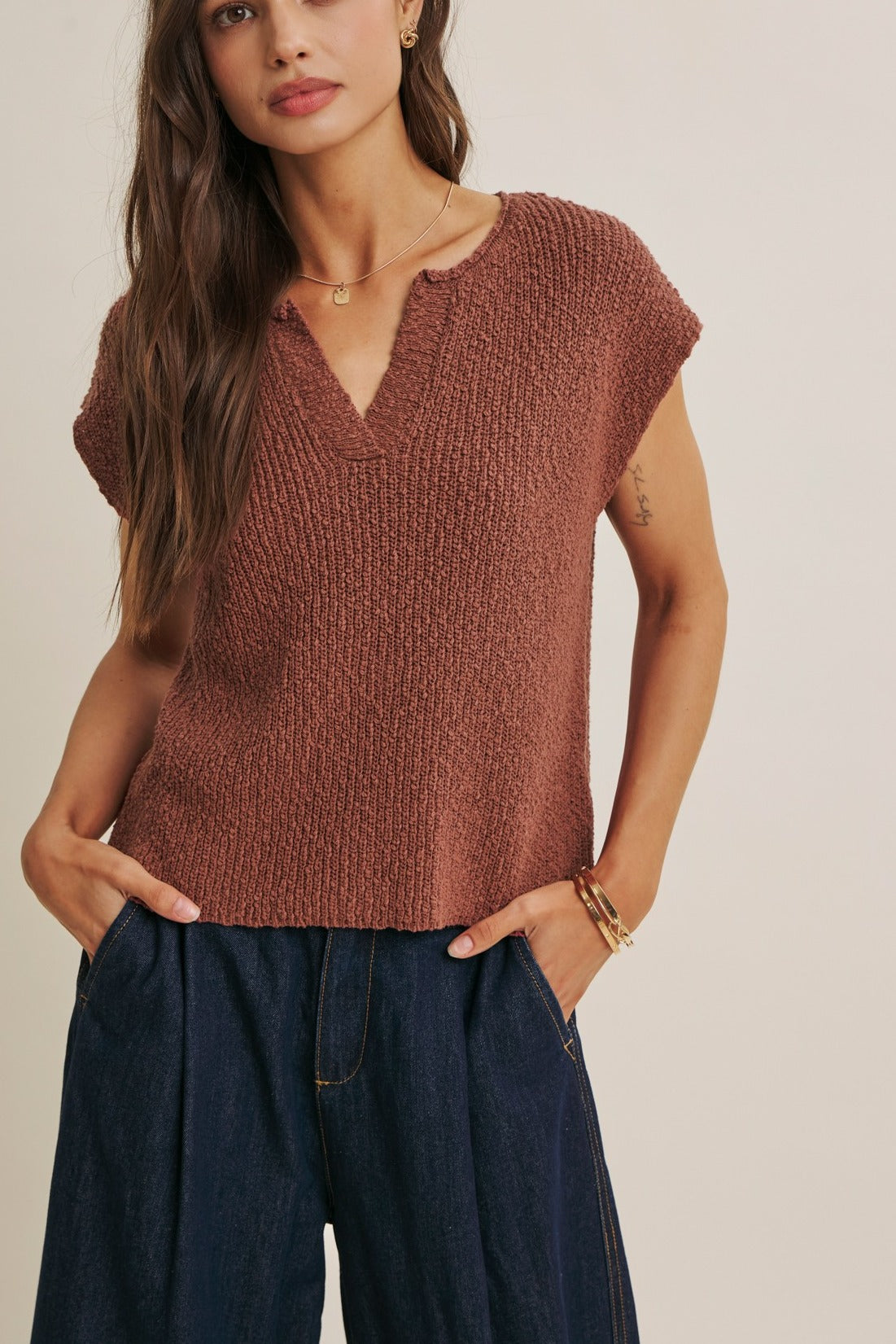 Celine Slub Knit Sweater Top in Marsala - MTT Collective