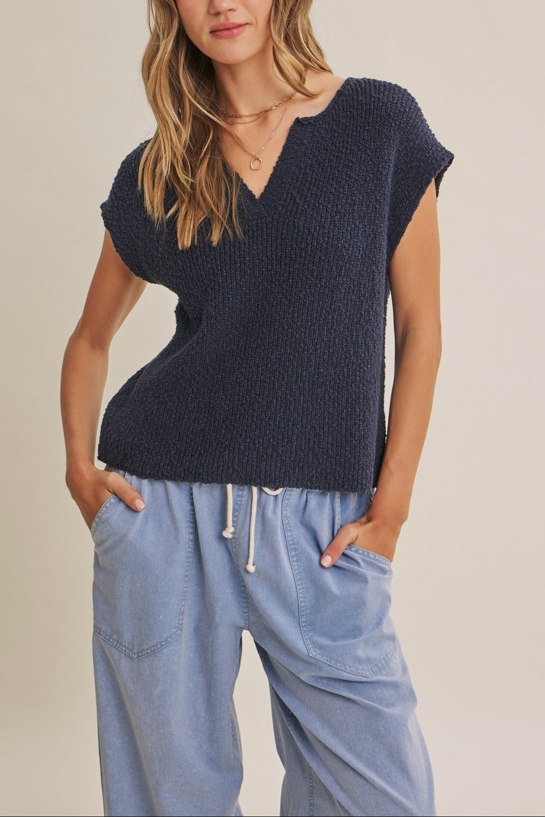 Celine Slub Knit Sweater Top in Midnight Navy - MTT Collective