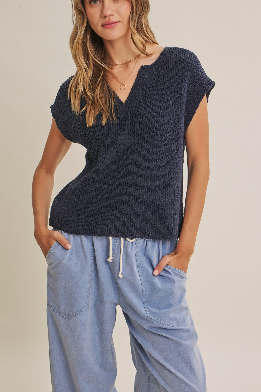 Celine Slub Knit Sweater Top in Midnight Navy - MTT Collective
