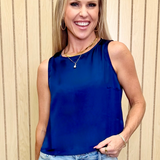 Satin Sleeveless Round Neck Top With Back Keyhole