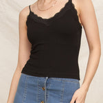 Scalloped Lace Trim Crop Cami - Black