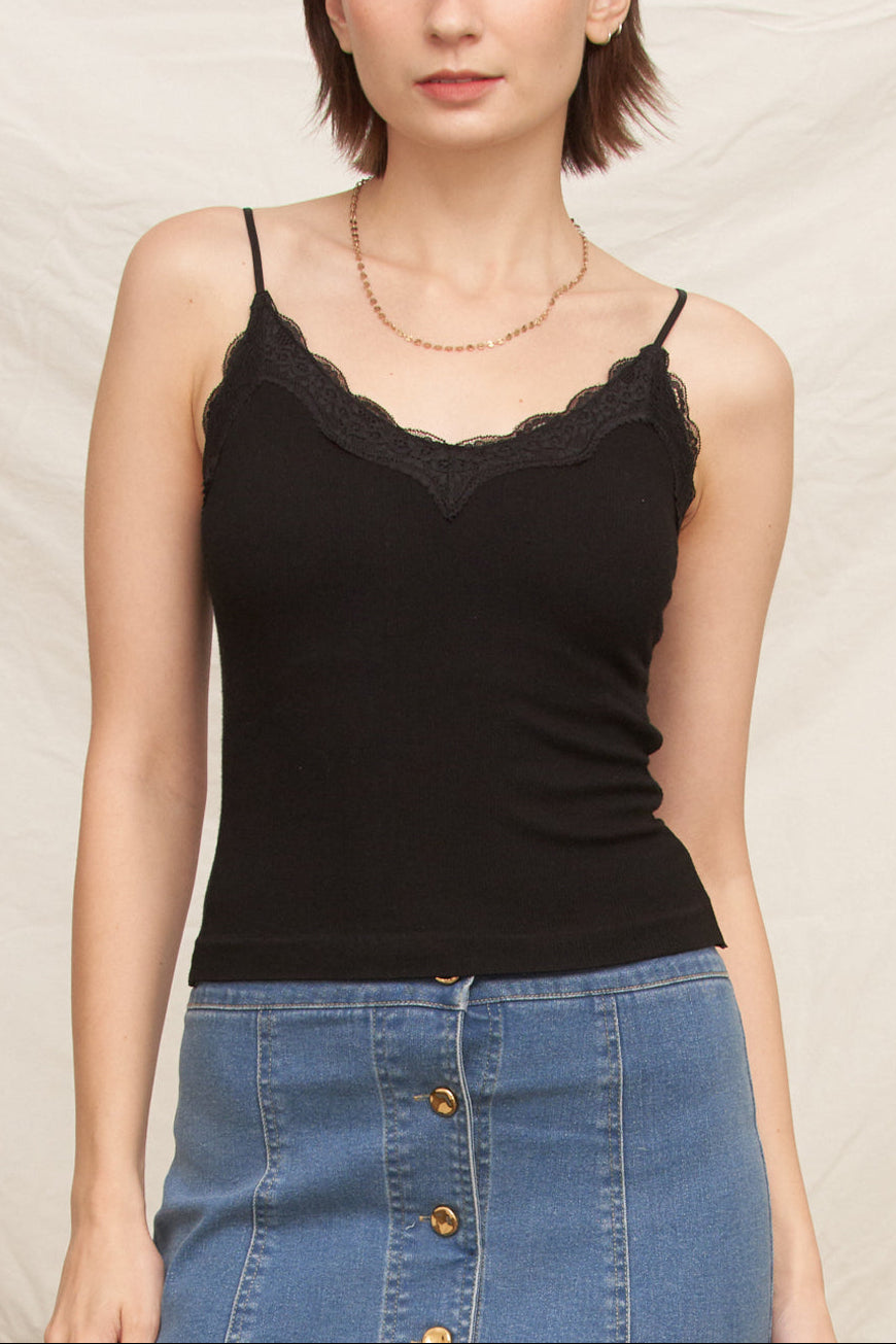 Scalloped Lace Trim Crop Cami - Black