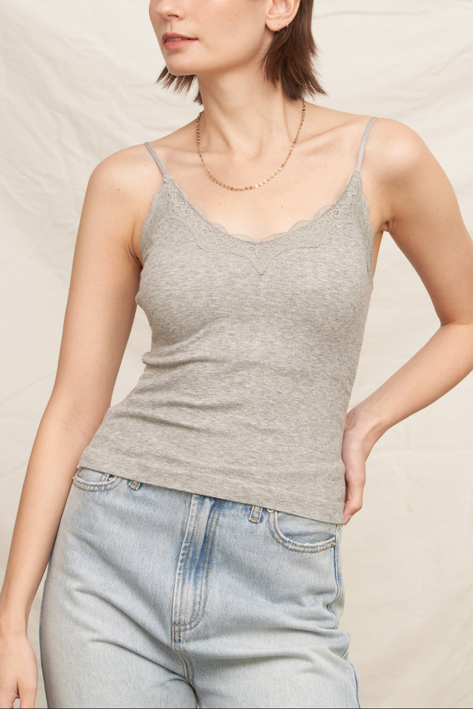 Scalloped Lace Trim Crop Cami - Grey