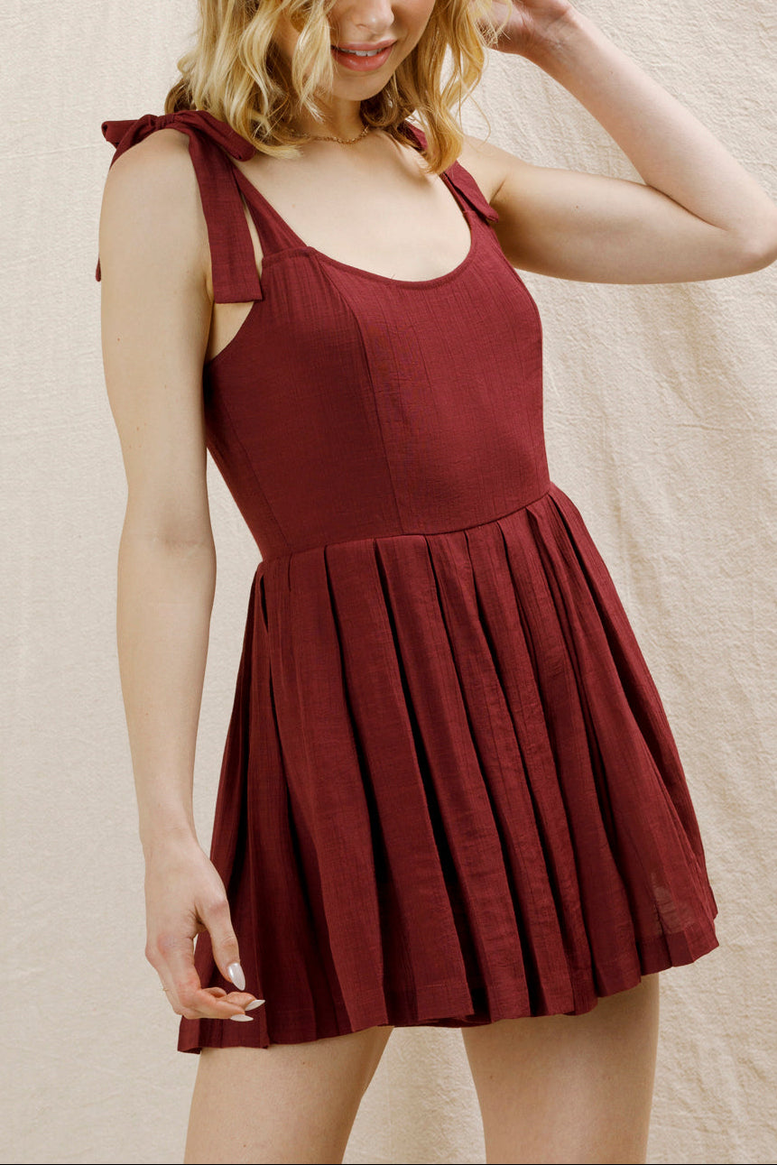 Lovey Dovey Pleated Romper in Wine - tie strap detail