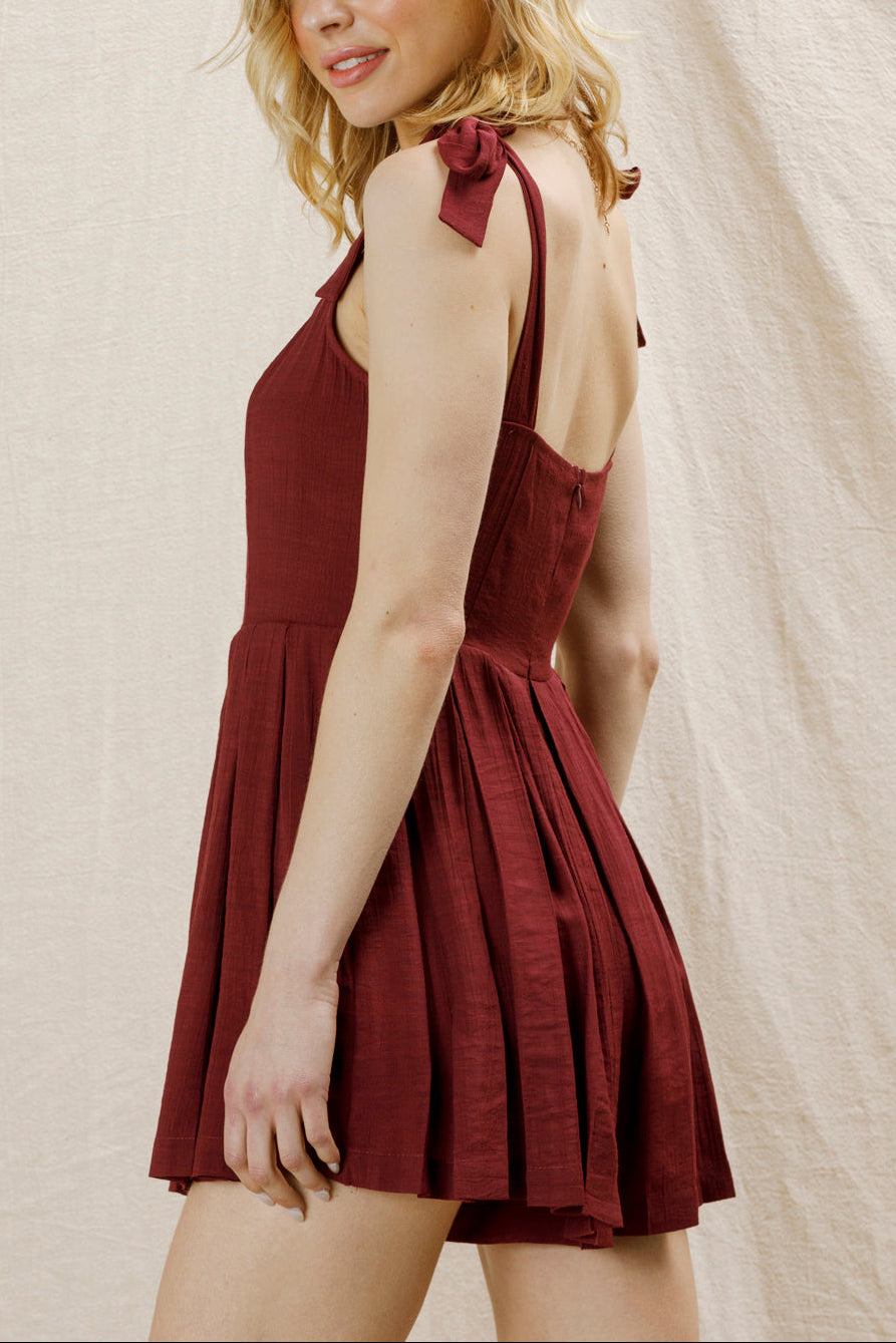 Lovey Dovey Pleated Romper in Wine - side