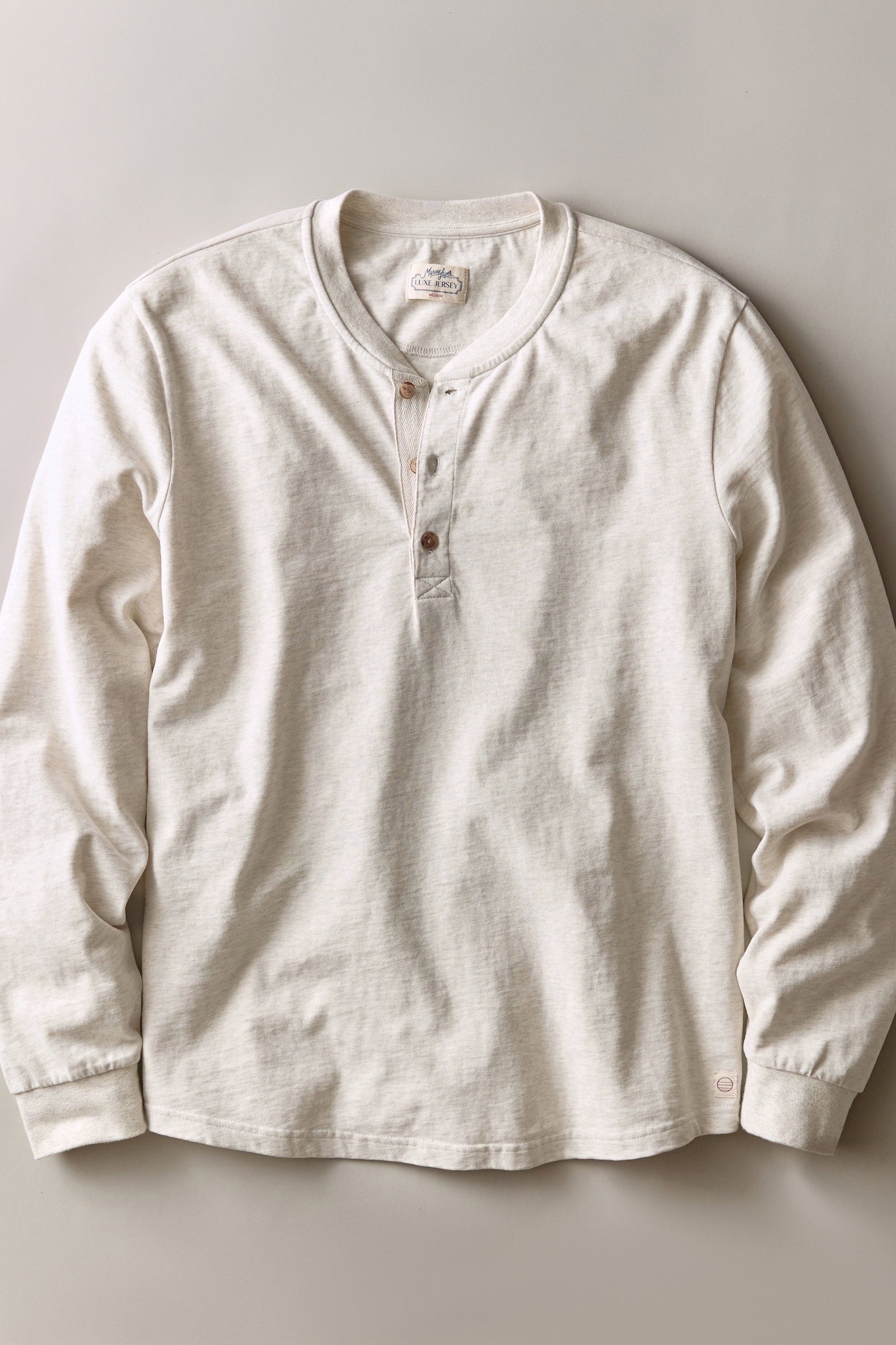 Marine Layer Luxe Jersey Henley in Oatmeal Heather, front view