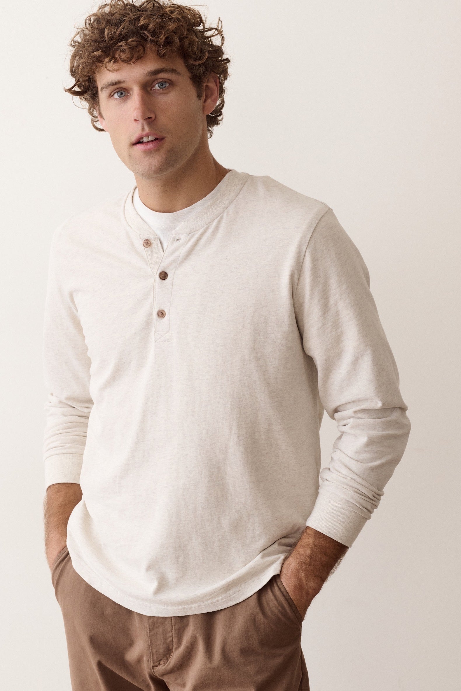 Marine Layer Luxe Jersey Henley in Oatmeal Heather, side view