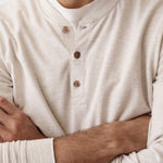 Marine Layer Luxe Jersey Henley in Oatmeal Heather, back view
