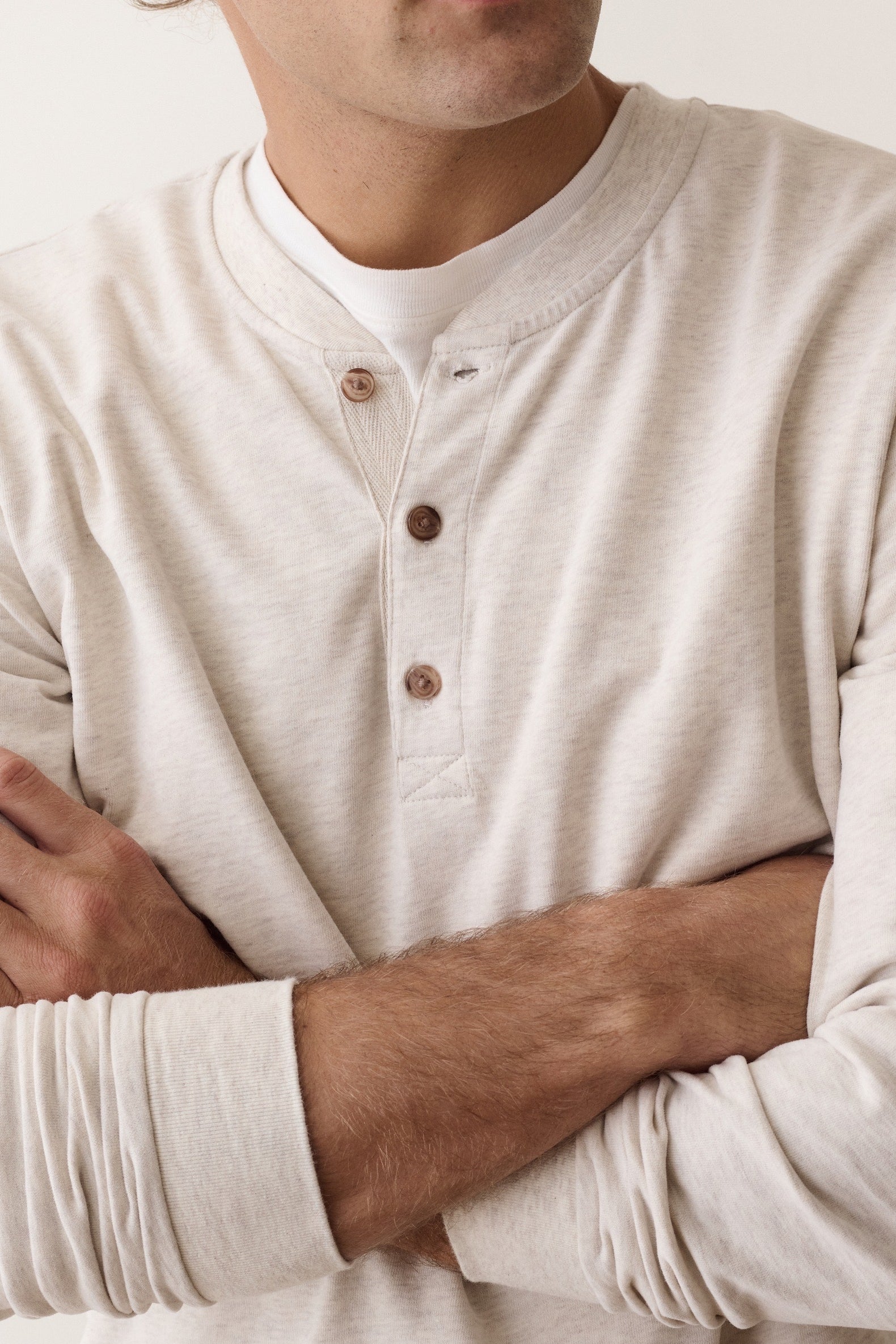 Marine Layer Luxe Jersey Henley in Oatmeal Heather, back view