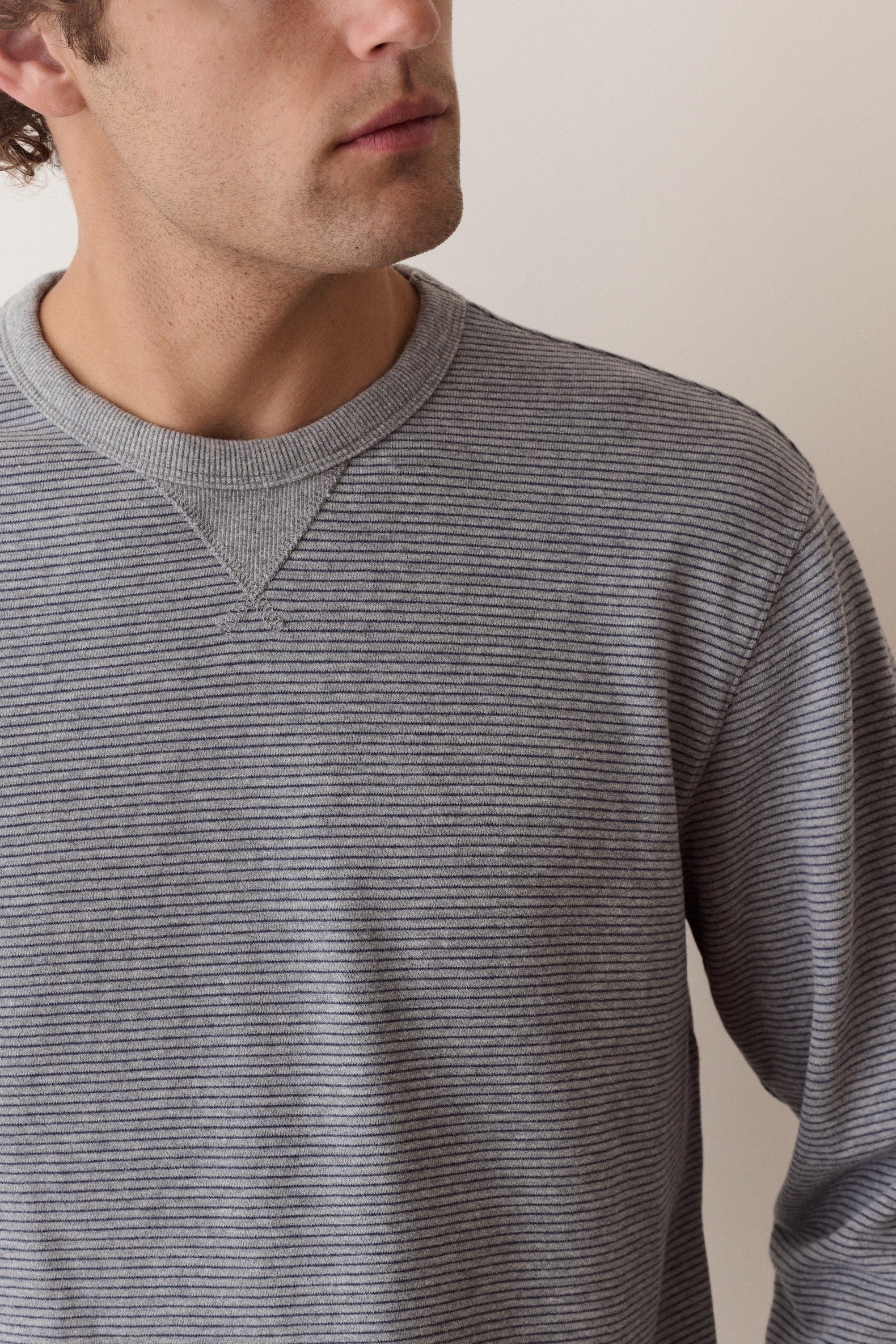 Marine Layer Cloud 9 Terry Relaxed Crewneck in Heather Grey Stripe, back view