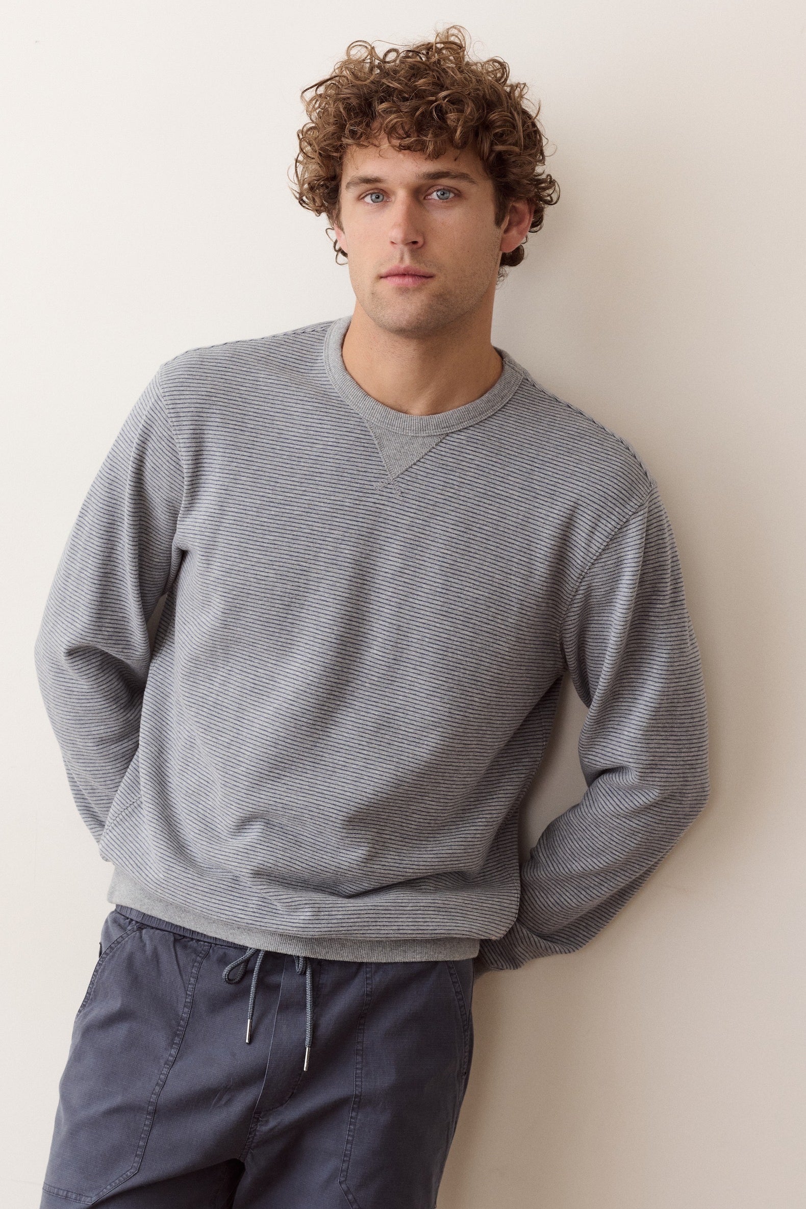 Marine Layer Cloud 9 Terry Relaxed Crewneck in Heather Grey Stripe, side view